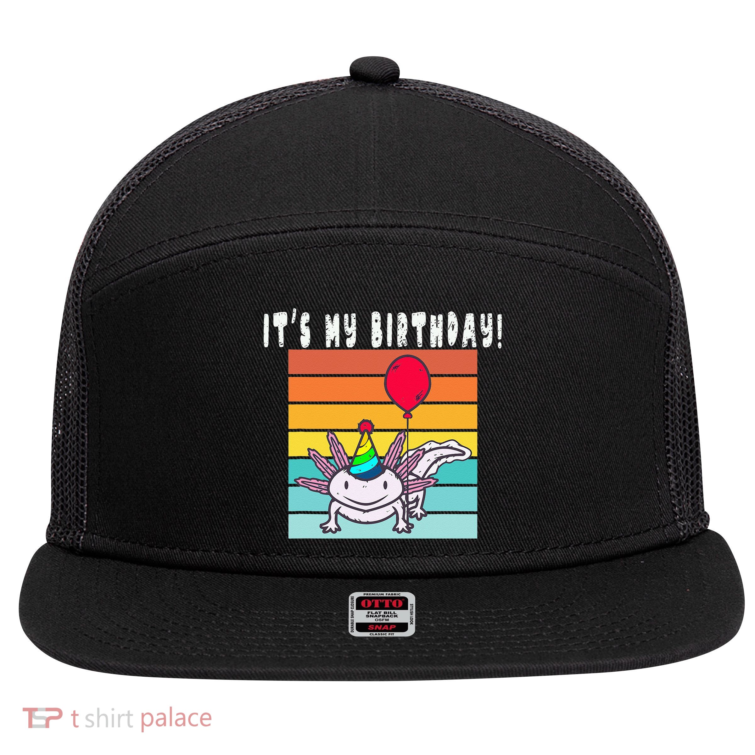 Its My Birthday Axolotl Party Hat & Balloon 7 Panel Mesh Trucker Snapback Hat