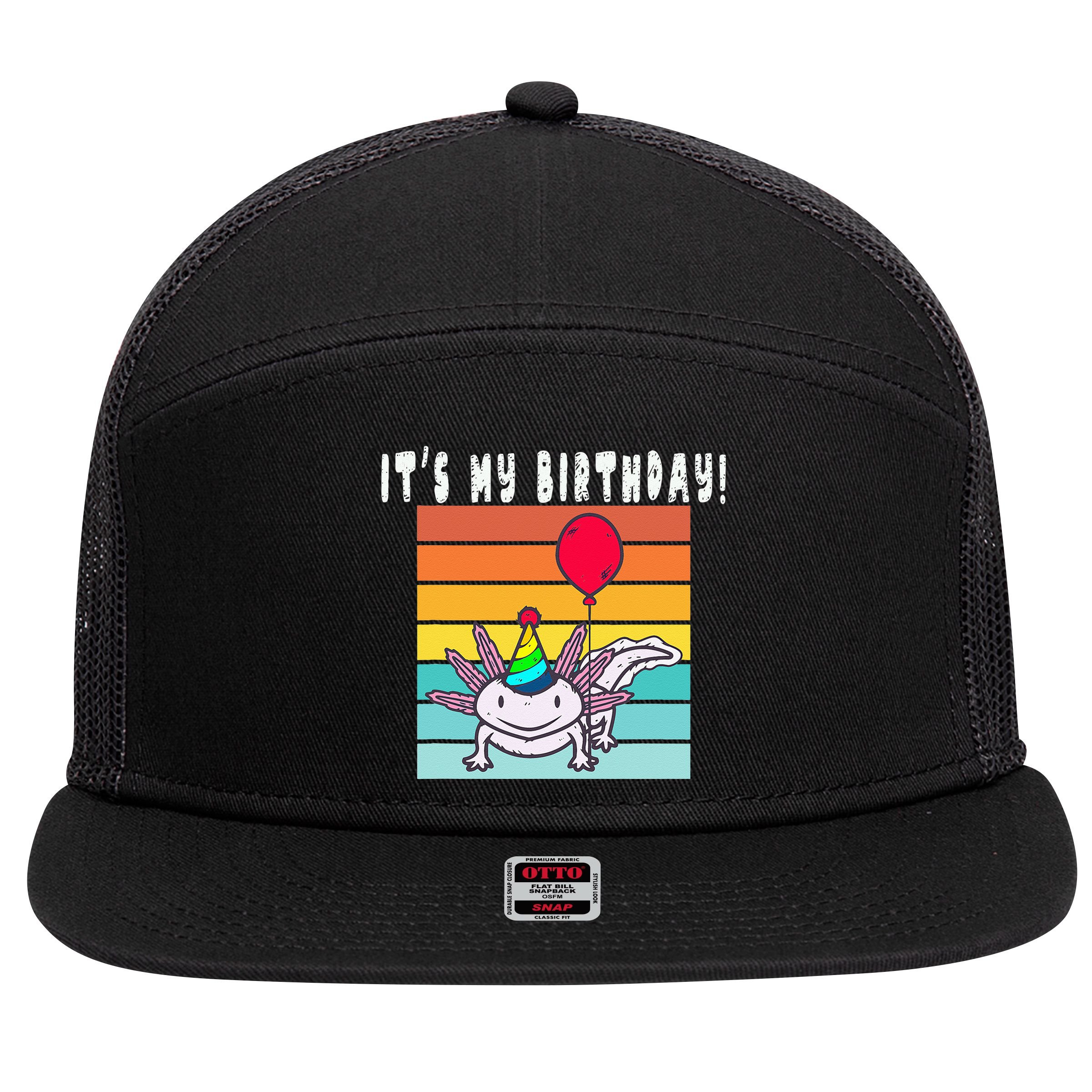 Its My Birthday Axolotl Party Hat & Balloon 7 Panel Mesh Trucker Snapback Hat