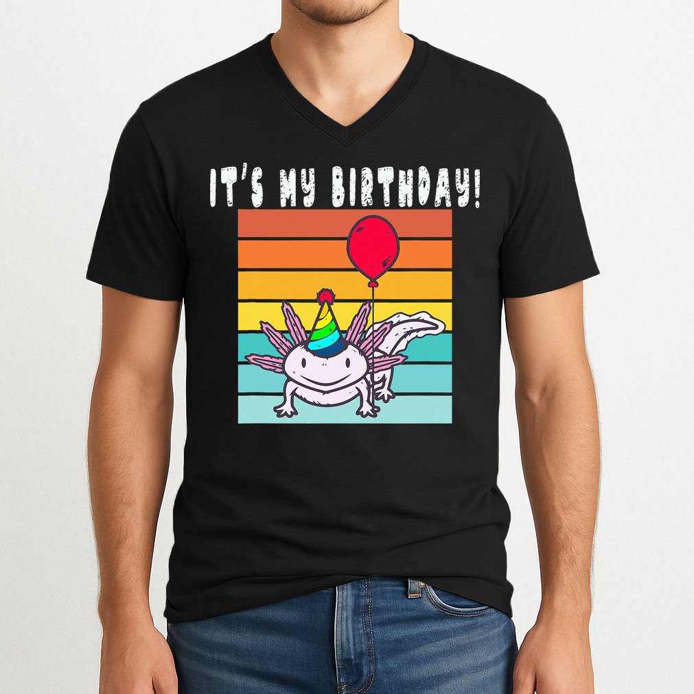 Its My Birthday Axolotl Party Hat & Balloon V-Neck T-Shirt
