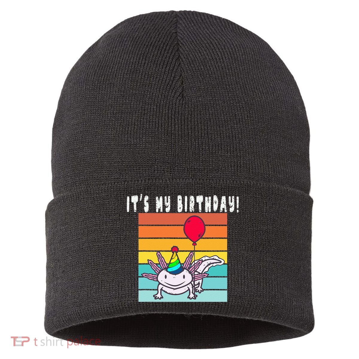 Its My Birthday Axolotl Party Hat & Balloon Sustainable Knit Beanie