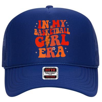 In My Basketball Girl Era Retro Groovy Basketball Girl High Crown Mesh Back Trucker Hat