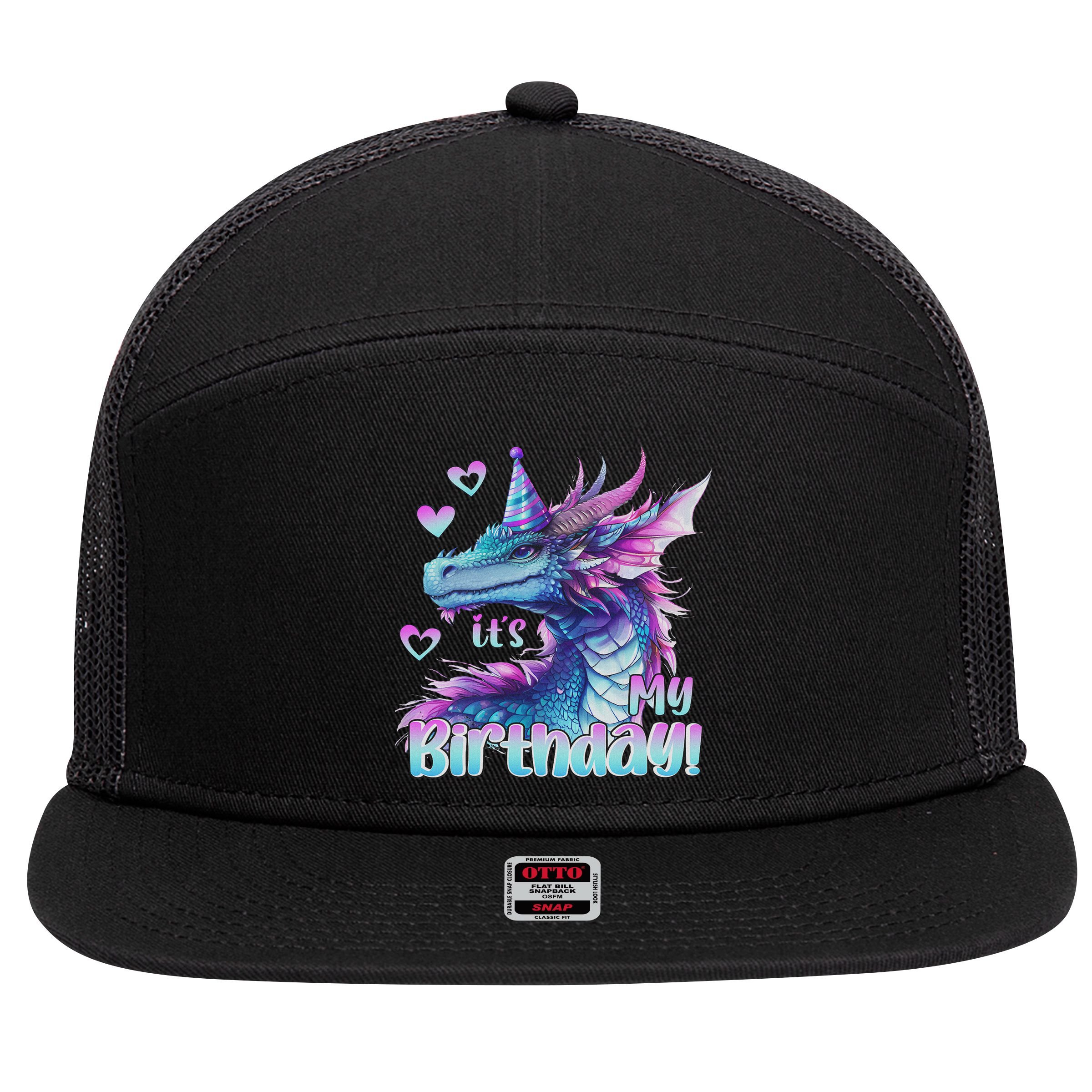 It's My Birthday Dragon Party Cute Dragons Lover Theme 7 Panel Mesh Trucker Snapback Hat