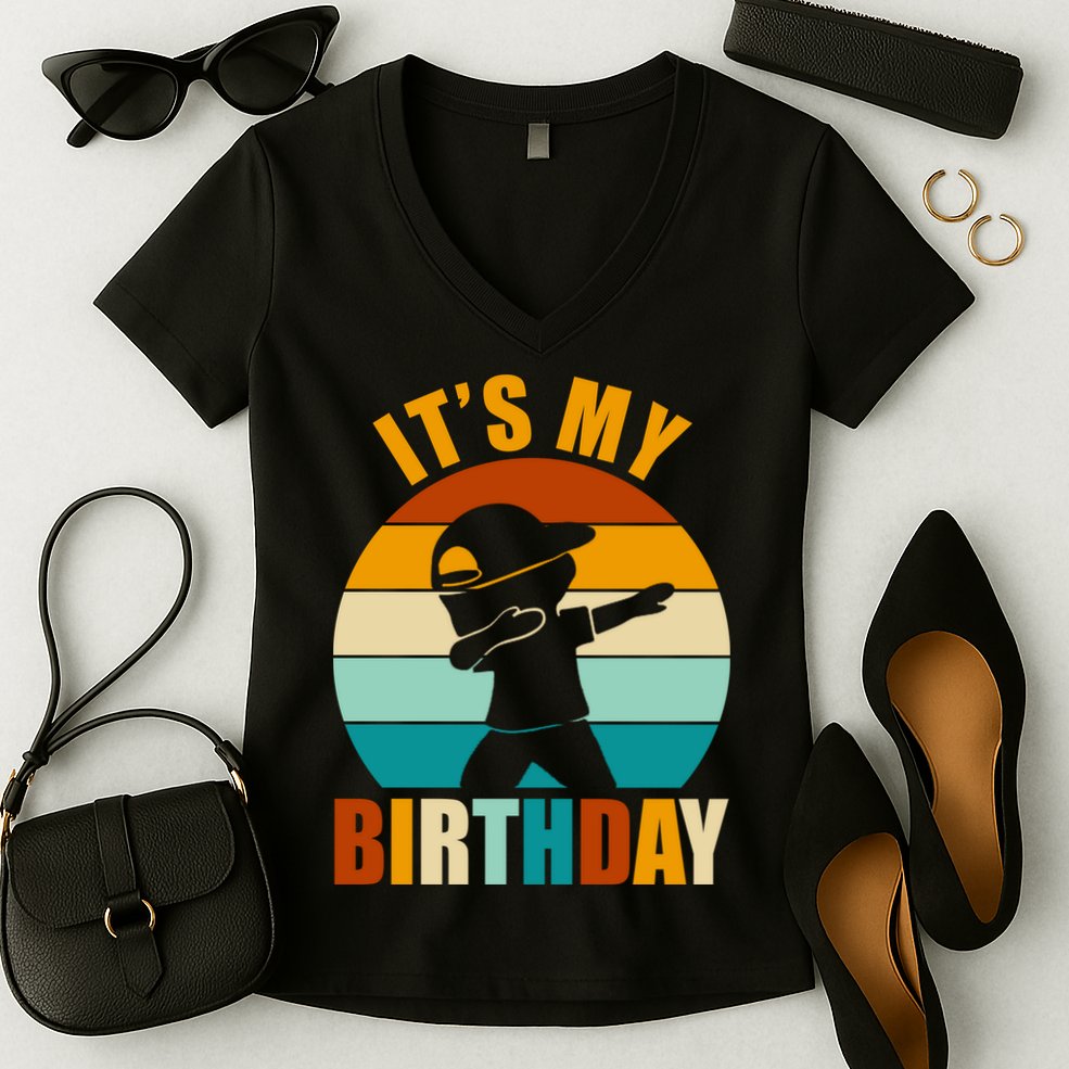 Its My Birthday Dab Retro Sunset Women's V-Neck T-Shirt