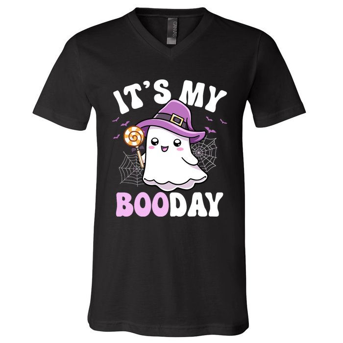 Its My Boo Day Cute Ghost Halloween Birthday Boy Girl Kids V-Neck T-Shirt