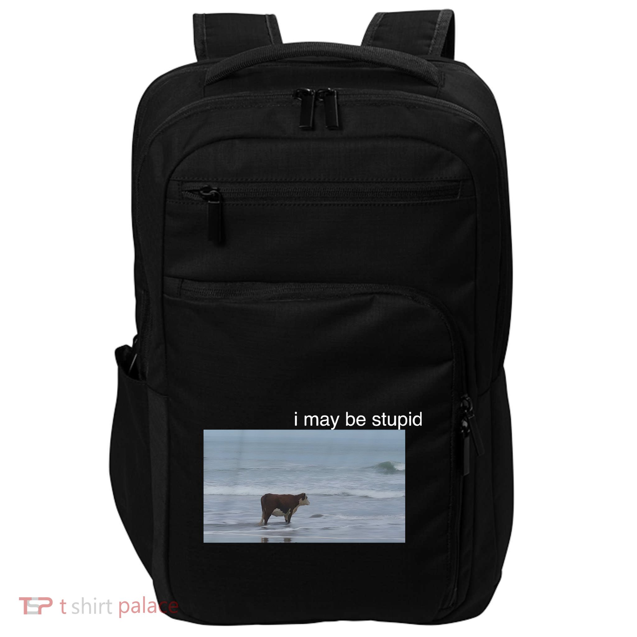 I May Be Stupid Cow On Beach Funny Meme Impact Tech Backpack