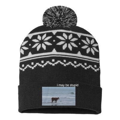 I May Be Stupid Cow On Beach Funny Meme USA-Made Snowflake Beanie