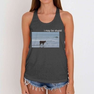 I May Be Stupid Cow On Beach Funny Meme Women's Knotted Racerback Tank