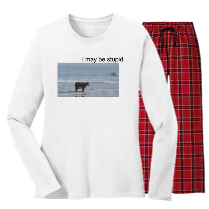 I May Be Stupid Cow On Beach Women's Long Sleeve Flannel Pajama Set 