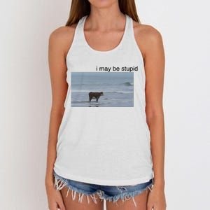 I May Be Stupid Cow On Beach Women's Knotted Racerback Tank