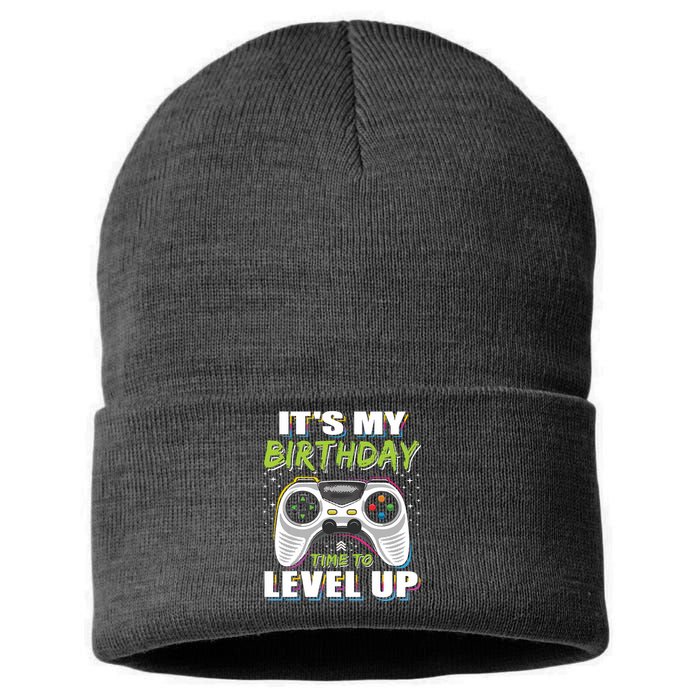 Its My Birthday Boy Time To Level Up Video Game Gift Sustainable Knit Beanie