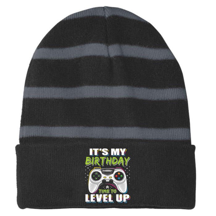 Its My Birthday Boy Time To Level Up Video Game Gift Striped Beanie with Solid Band