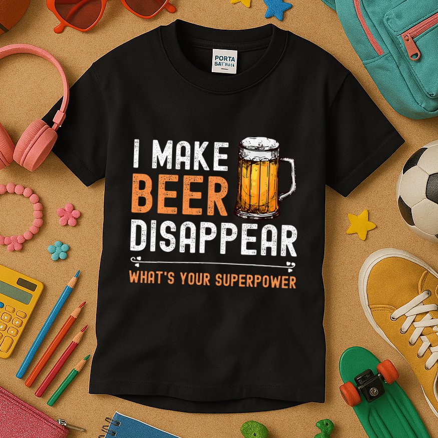 I Make Beer Disappear WhatS Your Superpower Funny Drinking Kids T-Shirt