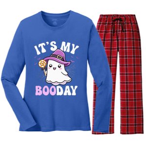 Its My Boo Day Cute Ghost Halloween Birthday Women's Long Sleeve Flannel Pajama Set 