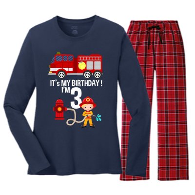 It's my birthday Fire Truck Fireman 3 Birthday Boy Women's Long Sleeve Flannel Pajama Set 