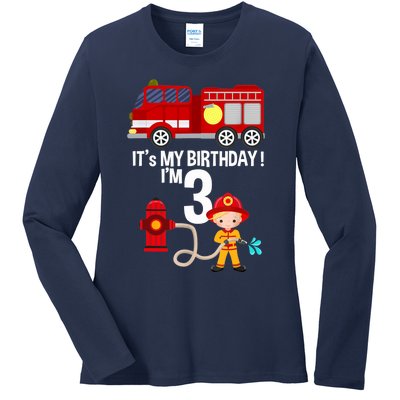 It's my birthday Fire Truck Fireman 3 Birthday Boy Ladies Long Sleeve Shirt