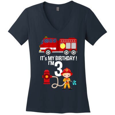 It's my birthday Fire Truck Fireman 3 Birthday Boy Women's V-Neck T-Shirt