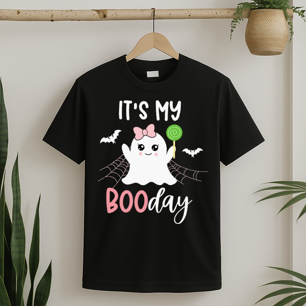 Its My Boo Day Cute Halloween Birthday Ghost Pink Bow Girls T-Shirt
