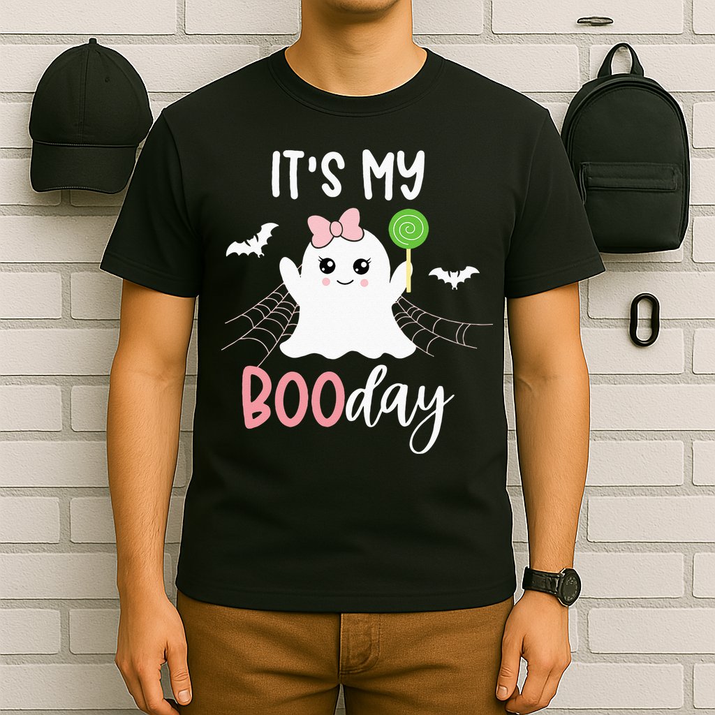Its My Boo Day Cute Halloween Birthday Ghost Pink Bow Girls T-Shirt