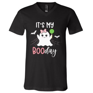 Its My Boo Day Cute Halloween Birthday Ghost Pink Bow Girls V-Neck T-Shirt