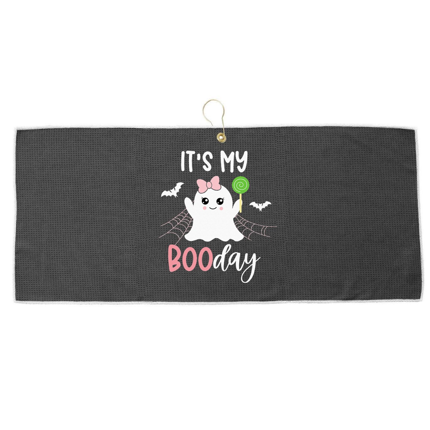 Its My Boo Day Cute Halloween Birthday Ghost Pink Bow Girls Large Microfiber Waffle Golf Towel