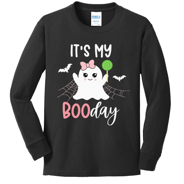 Its My Boo Day Cute Halloween Birthday Ghost Pink Bow Girls Kids Long Sleeve Shirt