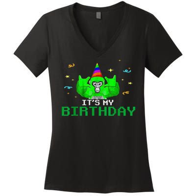 It'S My Birthday Gorilla VR Gamer Video Game Lover Women's V-Neck T-Shirt