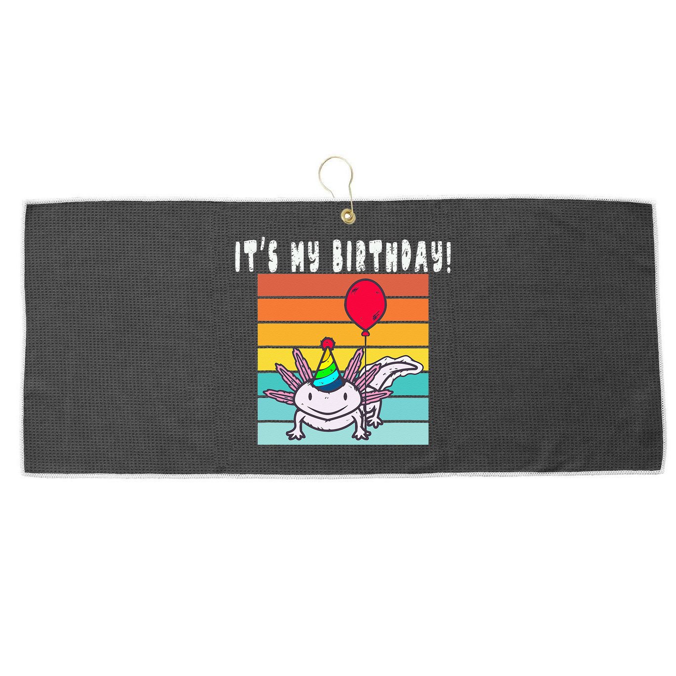 Its My Birthday Axolotl Party Hat & Balloon Large Microfiber Waffle Golf Towel