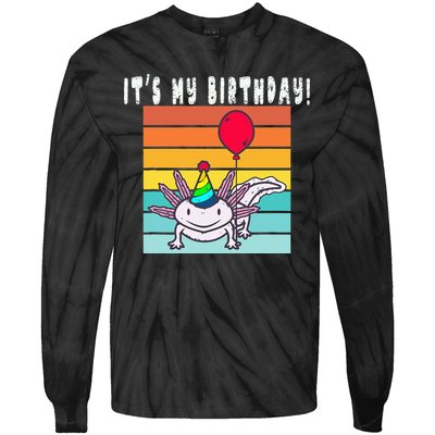 Its My Birthday Axolotl Party Hat & Balloon Tie-Dye Long Sleeve Shirt
