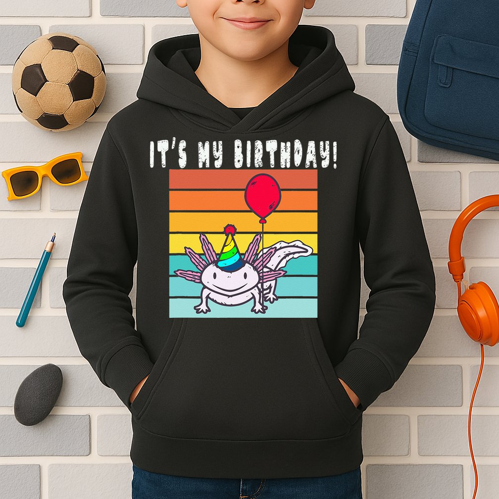 Its My Birthday Axolotl Party Hat & Balloon Kids Hoodie