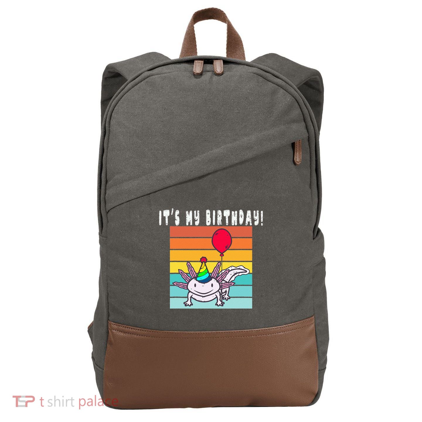 Its My Birthday Axolotl Party Hat & Balloon Cotton Canvas Backpack