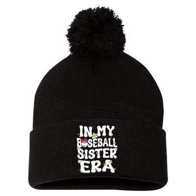 In My Baseball Sister Era Groovy Retro Proud Baseball Sister Pom Pom 12in Knit Beanie