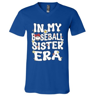 In My Baseball Sister Era Groovy Retro Proud Baseball Sister V-Neck T-Shirt