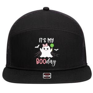 Its My Boo Day Cute Halloween Birthday Ghost Pink Bow 7 Panel Mesh Trucker Snapback Hat