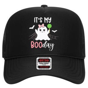 Its My Boo Day Cute Halloween Birthday Ghost Pink Bow High Crown Mesh Back Trucker Hat