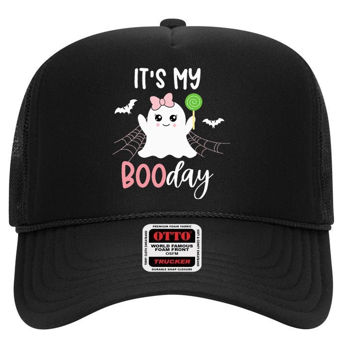 Its My Boo Day Cute Halloween Birthday Ghost Pink Bow High Crown Mesh Back Trucker Hat