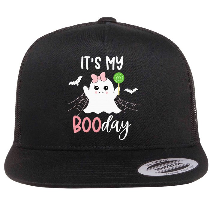 Its My Boo Day Cute Halloween Birthday Ghost Pink Bow Flat Bill Trucker Hat