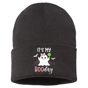 Its My Boo Day Cute Halloween Birthday Ghost Pink Bow Sustainable Knit Beanie