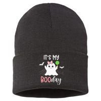 Its My Boo Day Cute Halloween Birthday Ghost Pink Bow Sustainable Knit Beanie