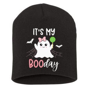 Its My Boo Day Cute Halloween Birthday Ghost Pink Bow Short Acrylic Beanie