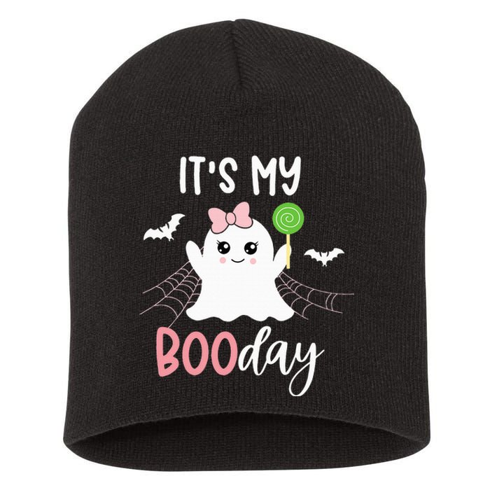 Its My Boo Day Cute Halloween Birthday Ghost Pink Bow Short Acrylic Beanie