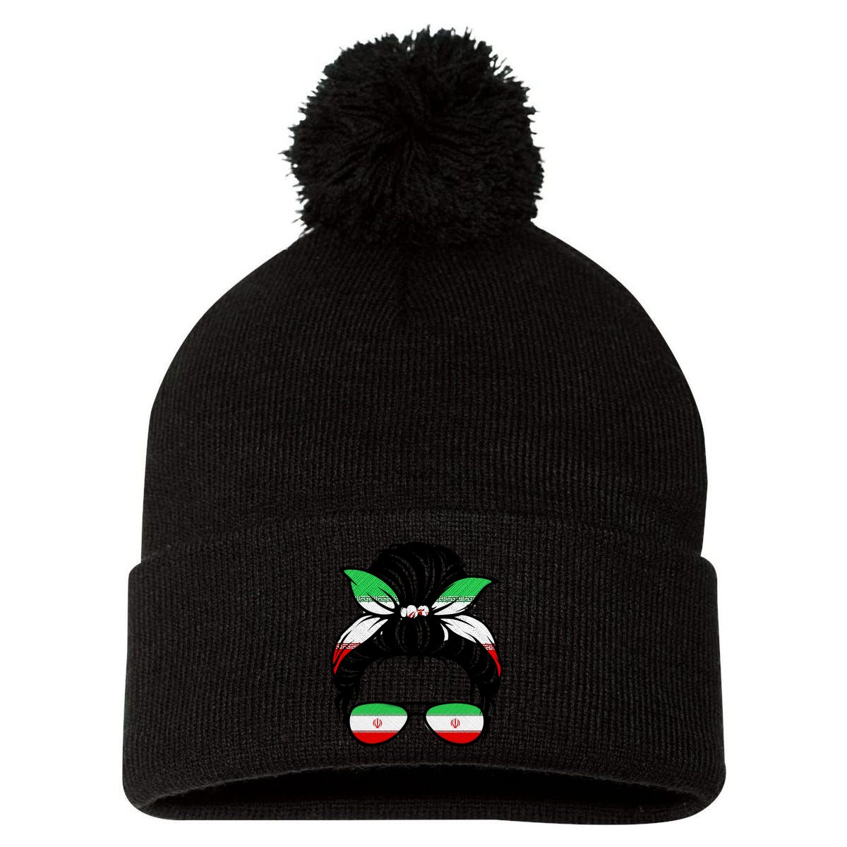 Iran Messy Bun Support Iran IranIran Pom Pom 12in Knit Beanie