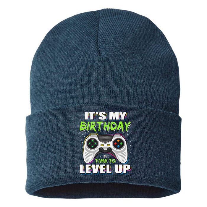 ItS My Birthday Boy Time To Level Up Video Game Gift Sustainable Knit Beanie