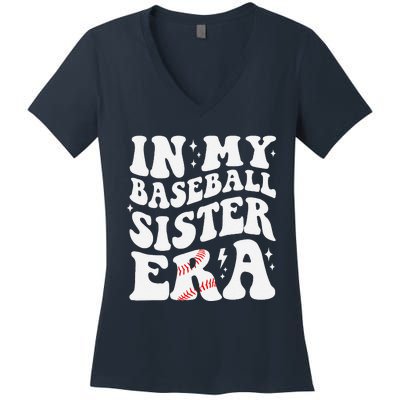 In My Baseball Sister Era Groovy Retro Proud Baseball Sister Women's V-Neck T-Shirt