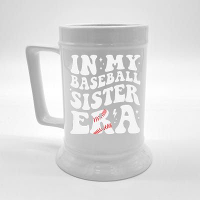 In My Baseball Sister Era Groovy Retro Proud Baseball Sister Beer Stein