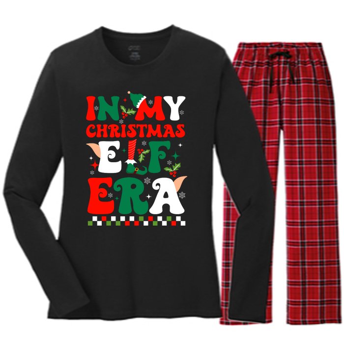 In My Christmas Elf Era Xmas Groovy Santa Squad Holiday Women's Long Sleeve Flannel Pajama Set 