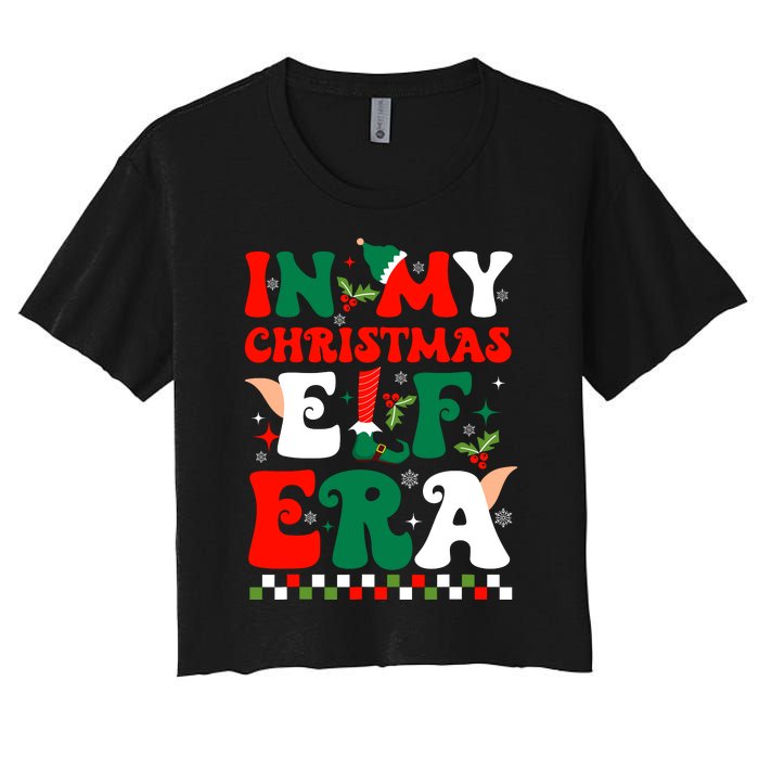 In My Christmas Elf Era Xmas Groovy Santa Squad Holiday Women's Crop Top Tee