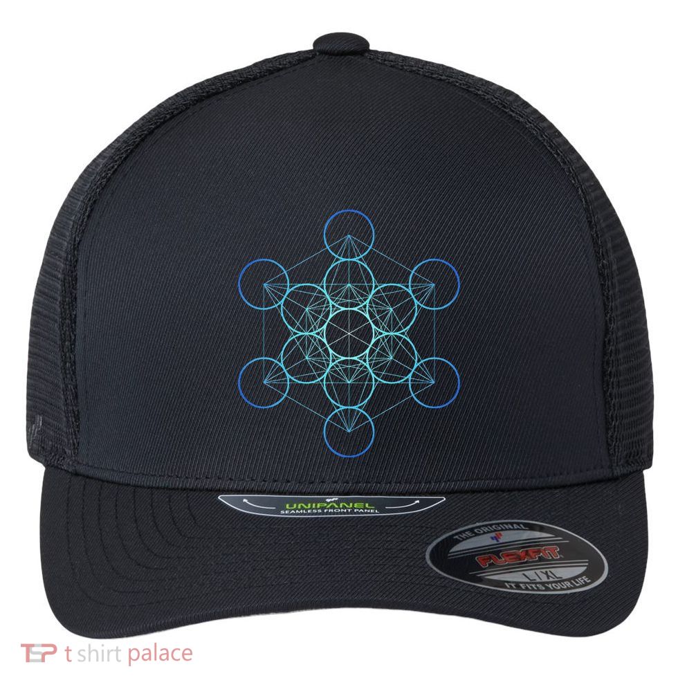 Indigo MetatronS Cube Sacred Geometry Flexfit Unipanel Trucker Cap
