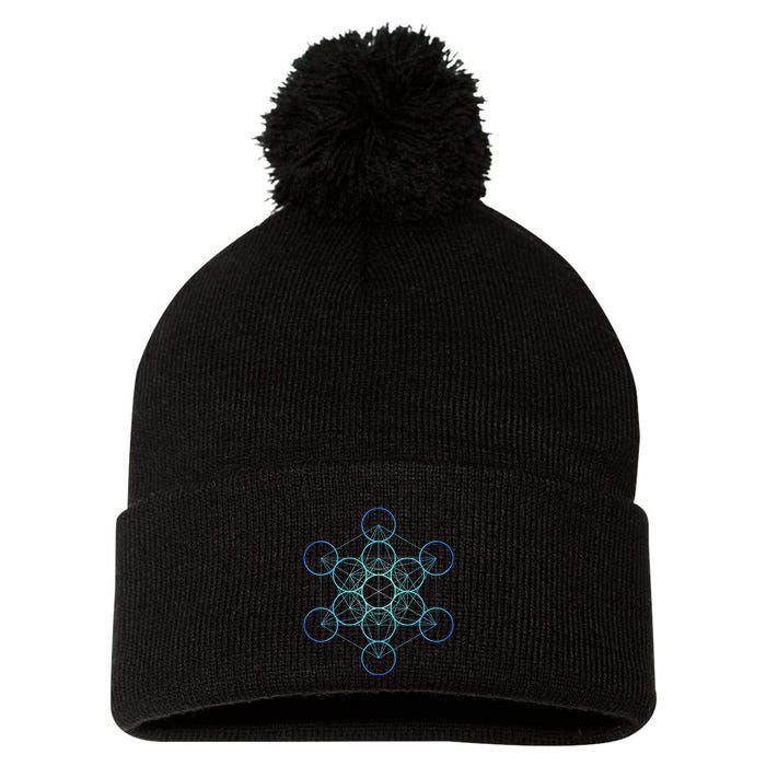 Indigo MetatronS Cube Sacred Geometry Pom Pom 12in Knit Beanie
