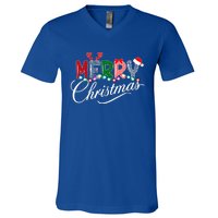 Ideas Merry Christmas | Plaid Graphic Christmas Letter V-Neck T-Shirt