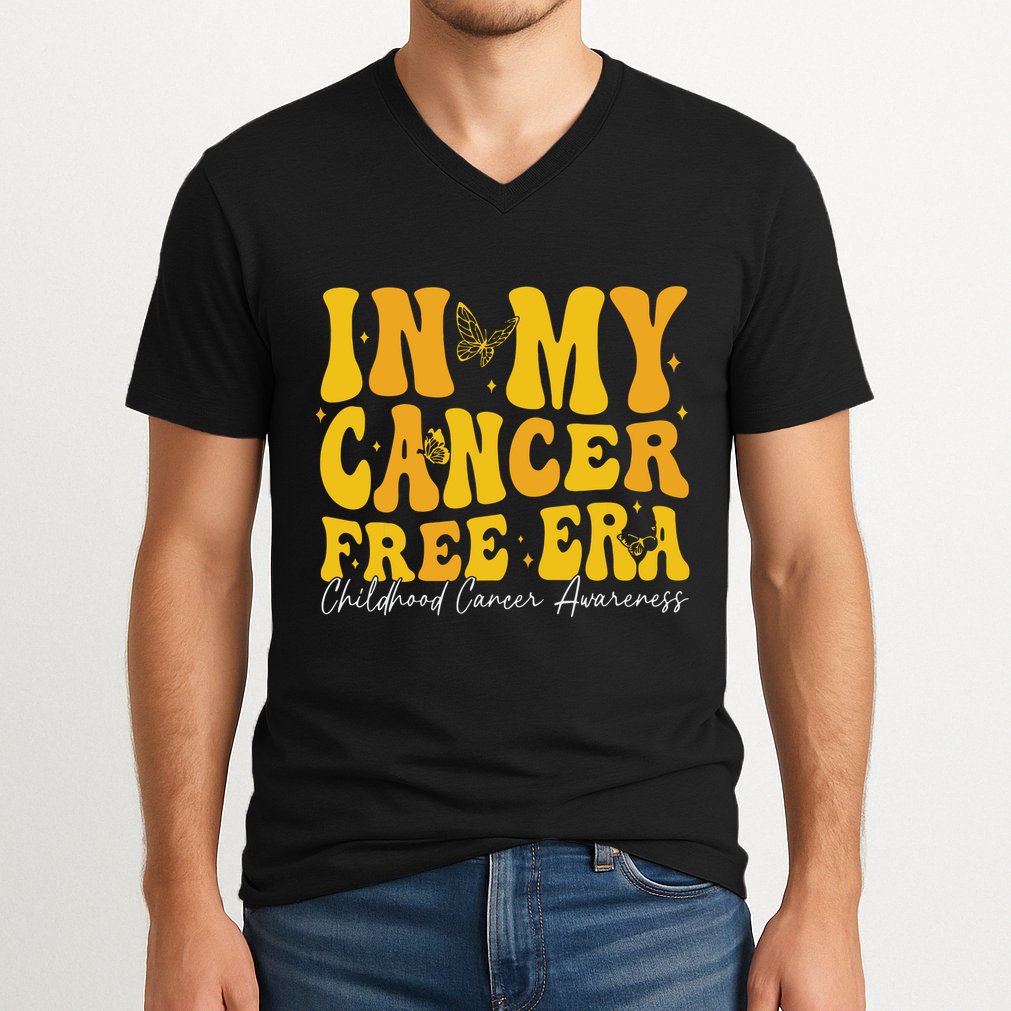 In My Cancer Free Era Childhood Cancer Awareness Gold Ribbon V-Neck T-Shirt